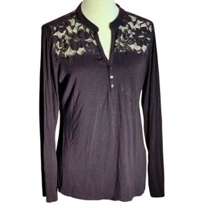 Venus Black Lace Yoke Blouse Women’s L Long Sleeve Roll-Tab V-Neck Top